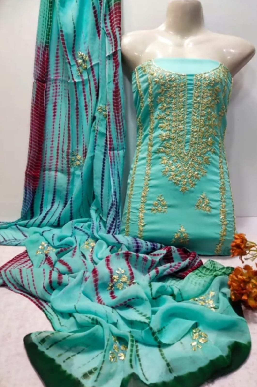 3pc Lawn Gotta Work Jall Dress (Tie & Dye Dupatta) Ferozi
