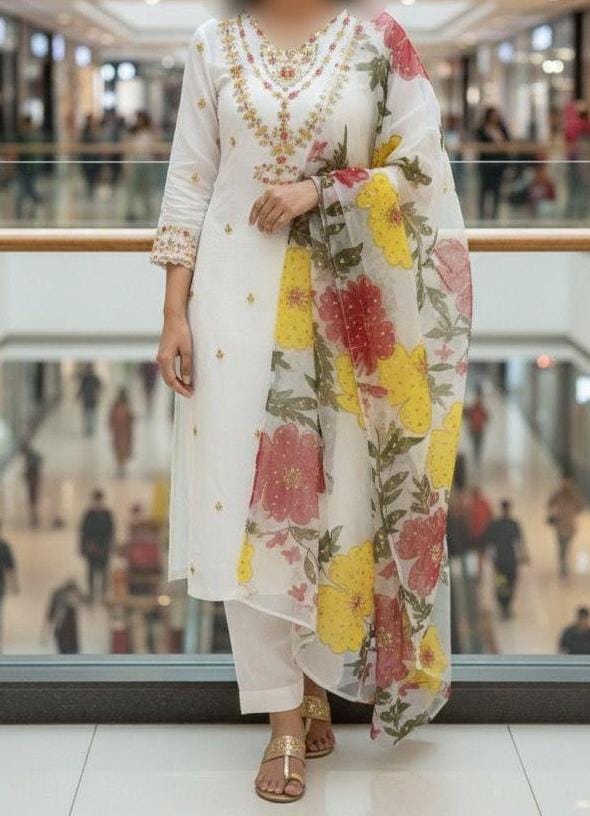 3PC Handmade Organza Dress With Brush Paint Dupatta