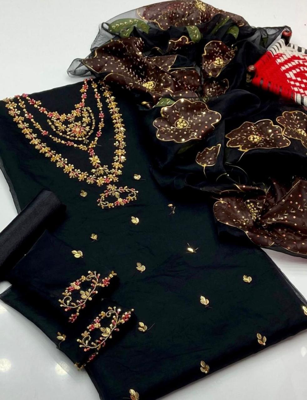 3PC Handmade Organza Dress With Brush Paint Dupatta