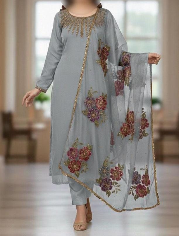 3PC Handmade Organza Dress With Brush Paint Dupatta