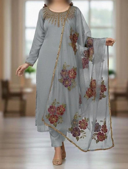 3PC Handmade Organza Dress With Brush Paint Dupatta
