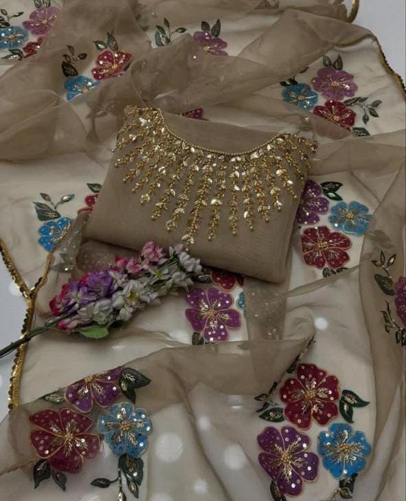 3PC Handmade Organza Dress With Brush Paint Dupatta