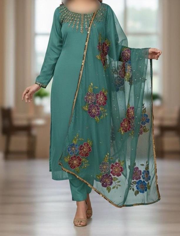 3PC Handmade Organza Dress With Brush Paint Dupatta