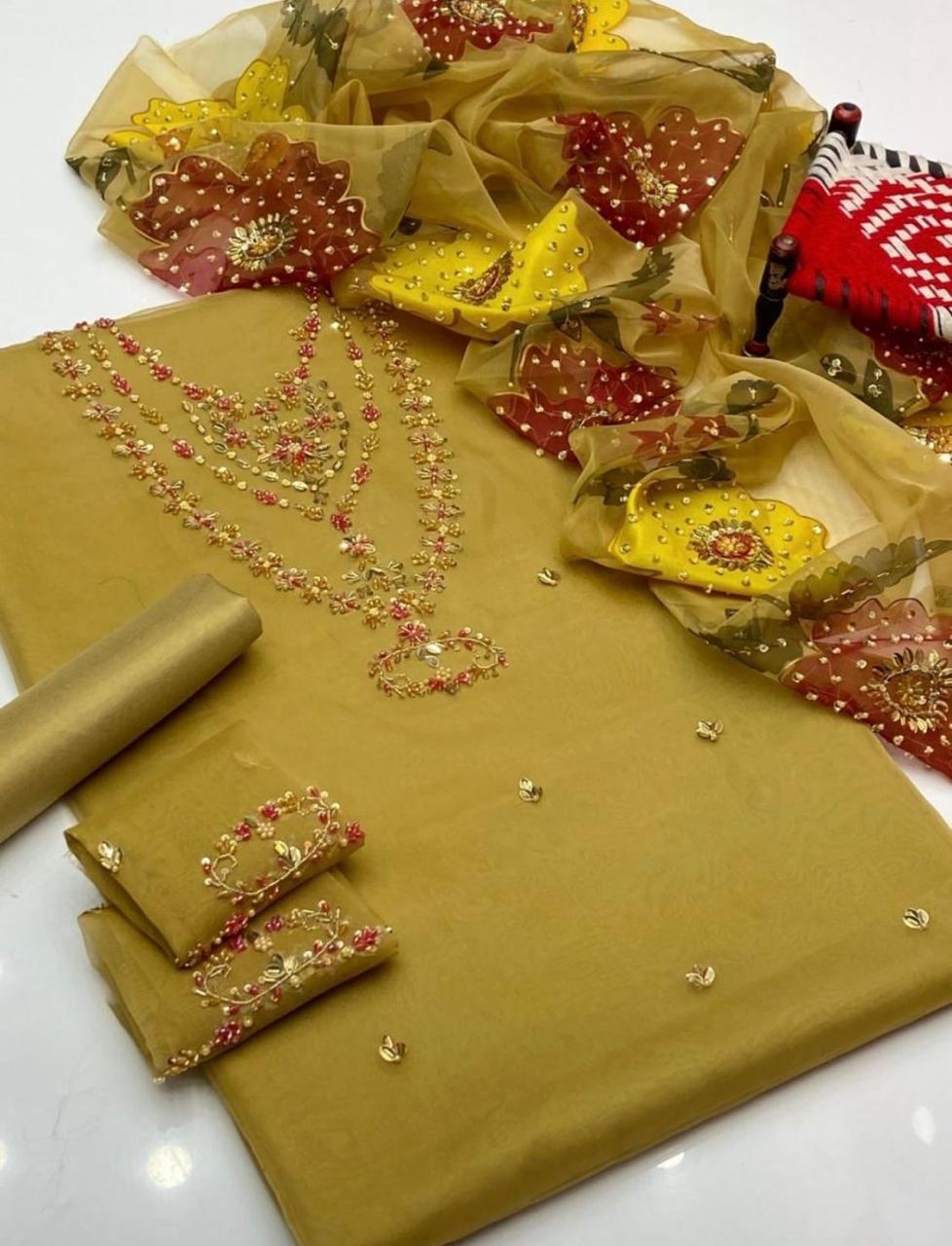 3PC Handmade Organza Dress With Brush Paint Dupatta