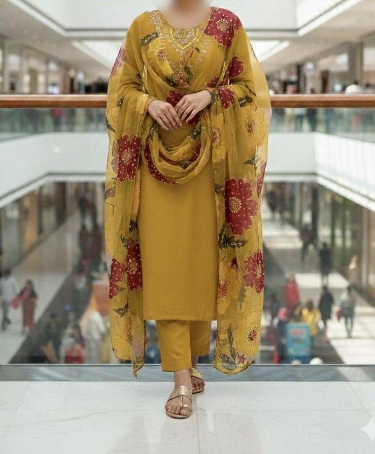 3PC Handmade Organza Dress With Brush Paint Dupatta