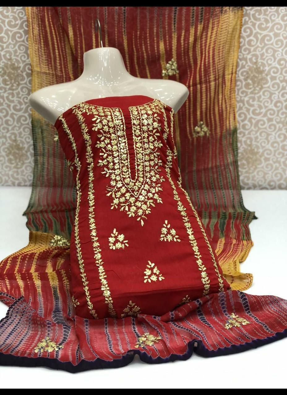 3pc Lawn Gotta Work Jall  Dress (Tie & Dye Dupatta) Meroon