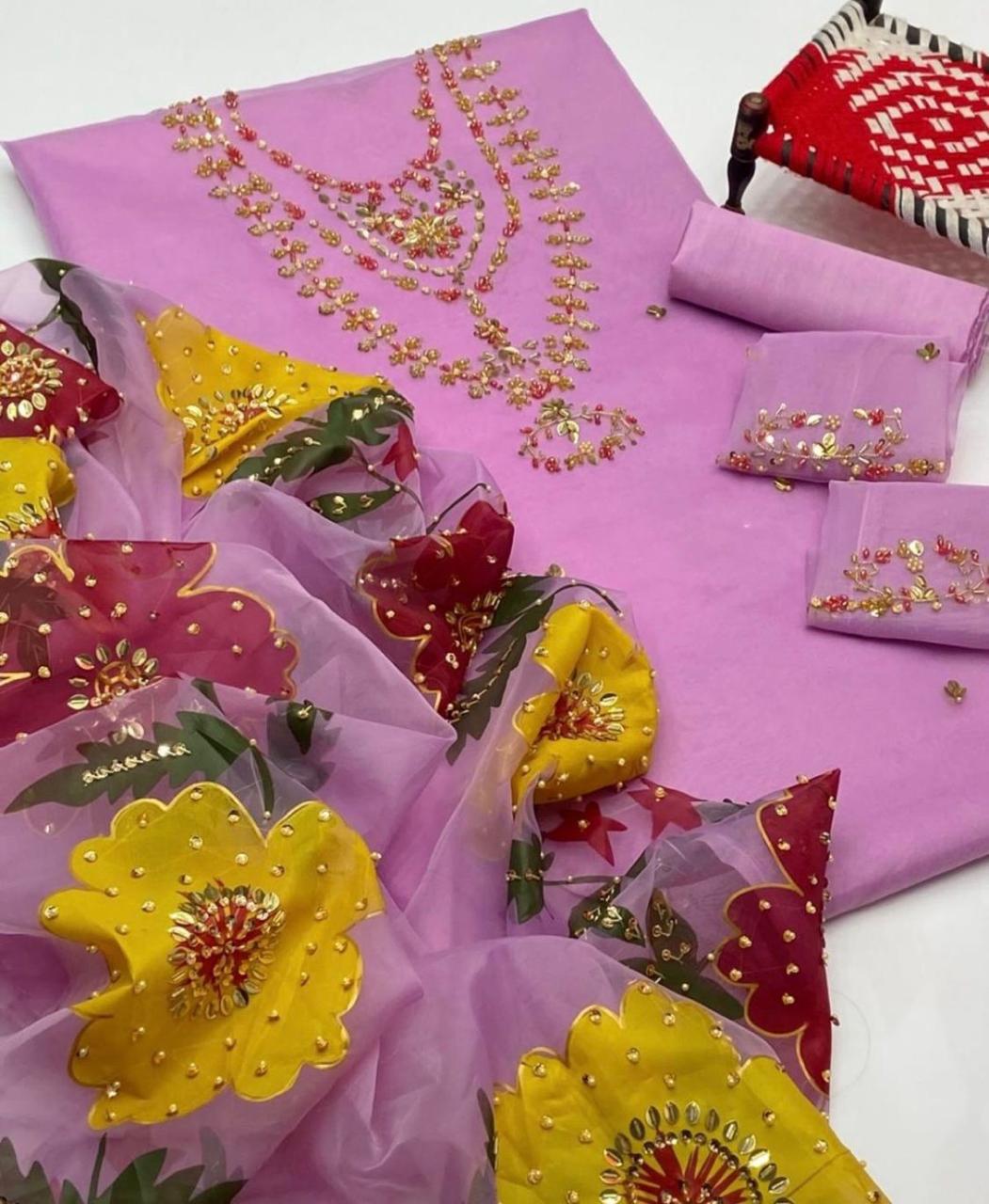 3PC Handmade Organza Dress With Brush Paint Dupatta
